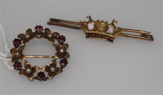 A 15ct gold and gem set brooch and a 9ct gold and enamel coronet bar brooch.